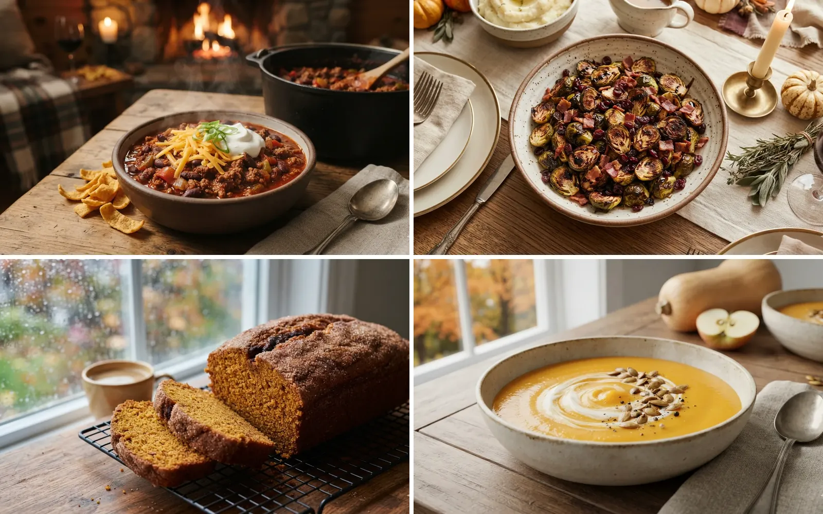 Four fall recipes: a bowl of beef chili, roasted Brussels sprouts with bacon, a sliced loaf of pumpkin bread and a bowl of butternut squash soup