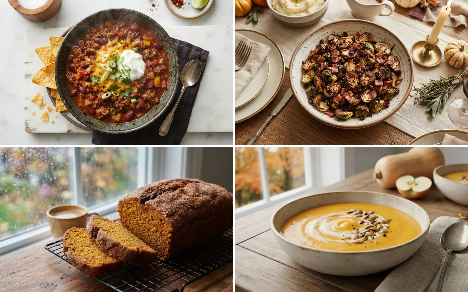 Four fall recipes: a bowl of beef chili with tortilla chips, roasted Brussels sprouts with bacon, a sliced loaf of pumpkin bread and a bowl of butternut squash soup