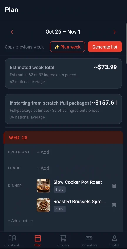 Food Butler's planner for Oct 26 to Nov 1 with an estimated week total of $73.99. Wednesday's dinner is slow cooker pot roast and roasted Brussels sprouts, 6 servings each