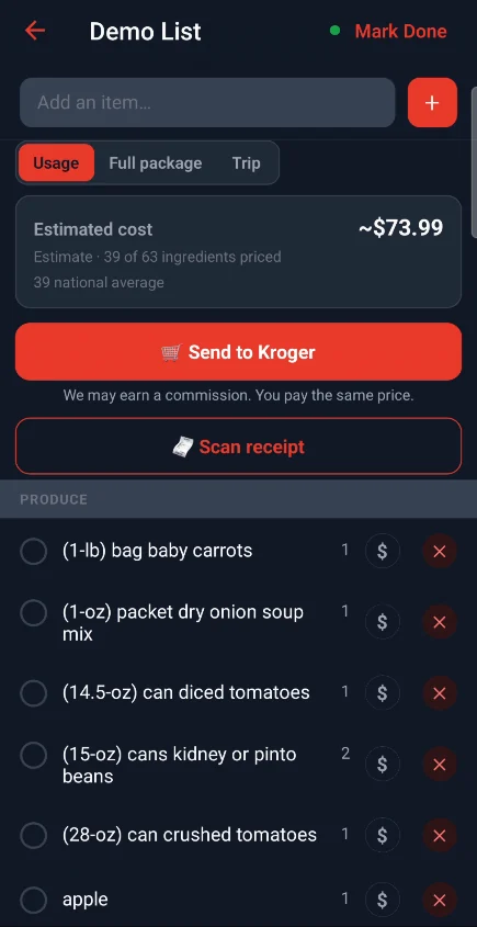 A Food Butler grocery list with a Send to Kroger button above the produce: baby carrots, onion soup mix, diced tomatoes, kidney beans, crushed tomatoes and an apple