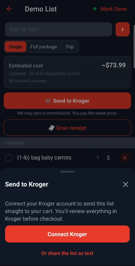 Food Butler's Send to Kroger panel with a Connect Kroger button and an option to share the list as text instead