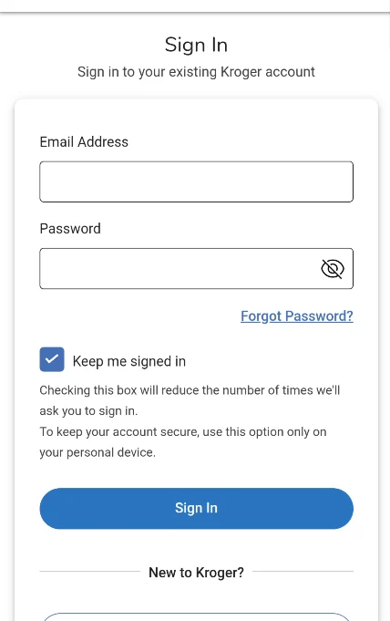 Kroger's sign-in page with empty email and password fields