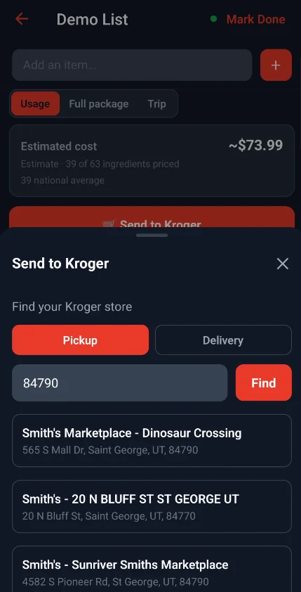 Food Butler's store finder set to Pickup with ZIP code 84790, listing three Smith's stores in St. George, Utah