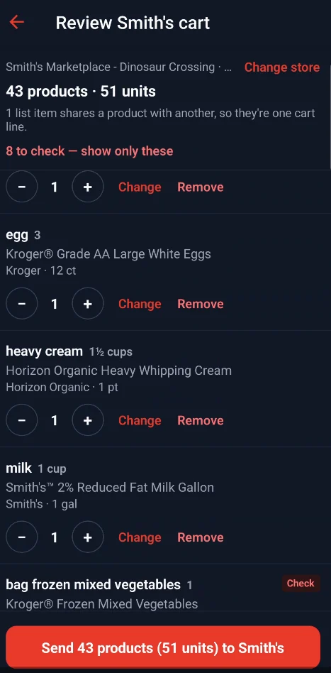Food Butler's Review Smith's cart screen: 43 products with 8 to check, each list item matched to a store product with Change and Remove buttons, and a button to send all 43 products to Smith's