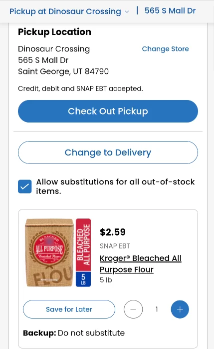 A Smith's pickup cart for the Dinosaur Crossing store in St. George, Utah, with Check Out Pickup and Change to Delivery buttons, substitutions allowed, and a 5-lb bag of flour as the first item