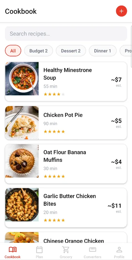 Food Butler cookbook screen with imported recipes, photos, cook times, ratings, and estimated costs