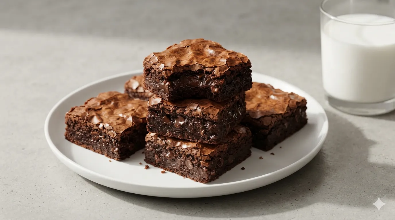 A stack of fudgy brownies with crackly tops on a white plate, with a glass of milk