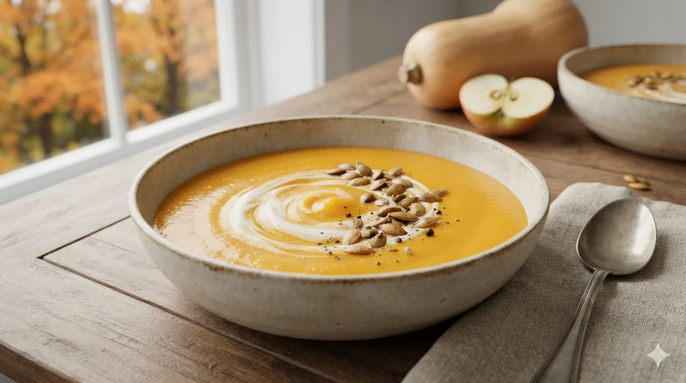 A bowl of butternut squash soup with a swirl of cream and pumpkin seeds