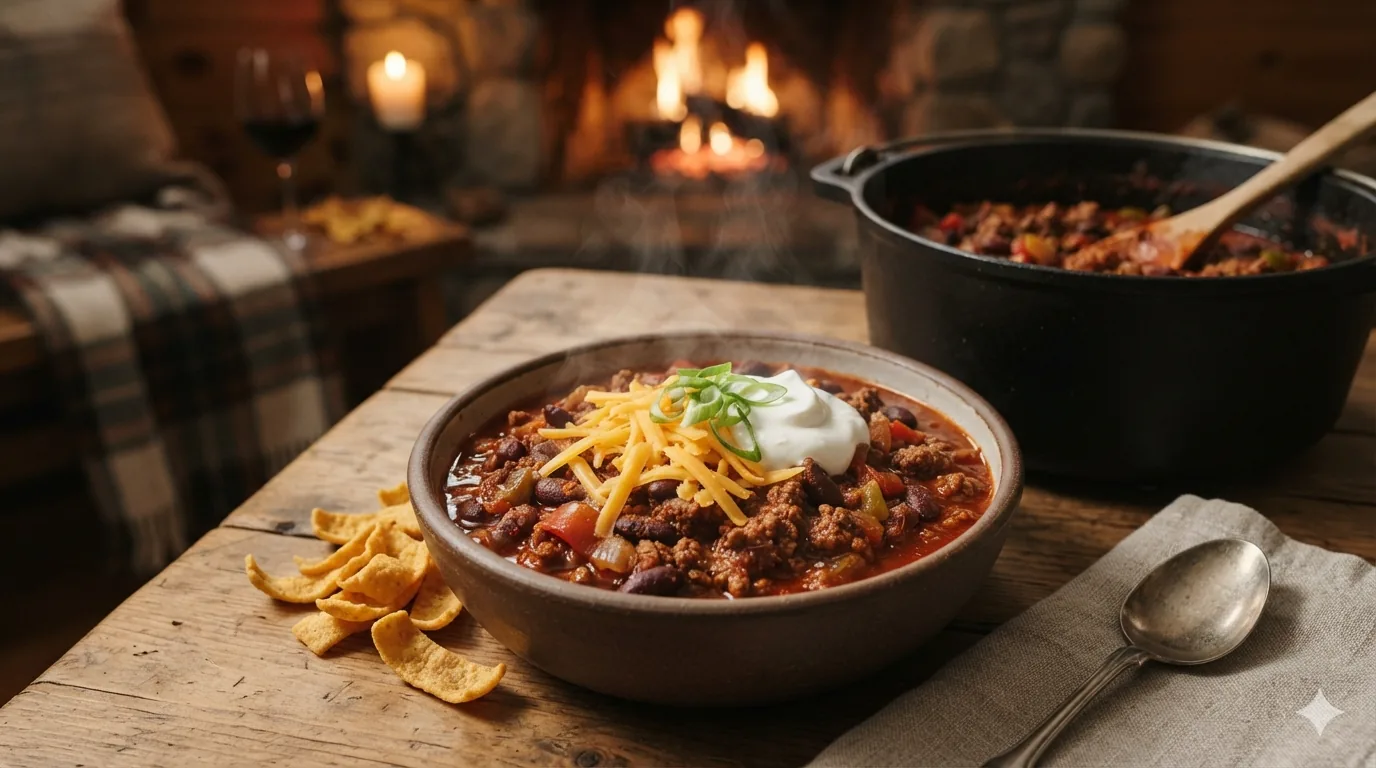 A bowl of beef and bean chili topped with cheddar, sour cream and green onion, with corn chips on the side