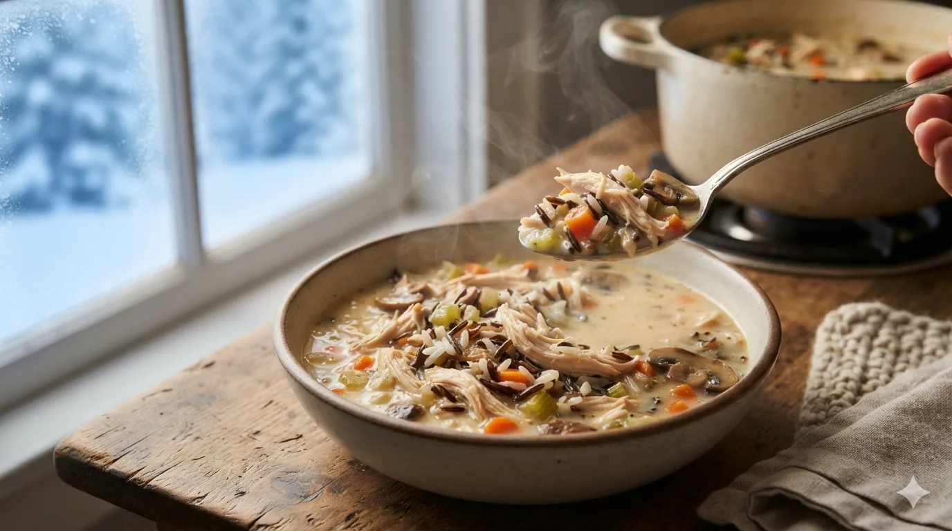 A bowl of creamy chicken and wild rice soup with carrots and celery