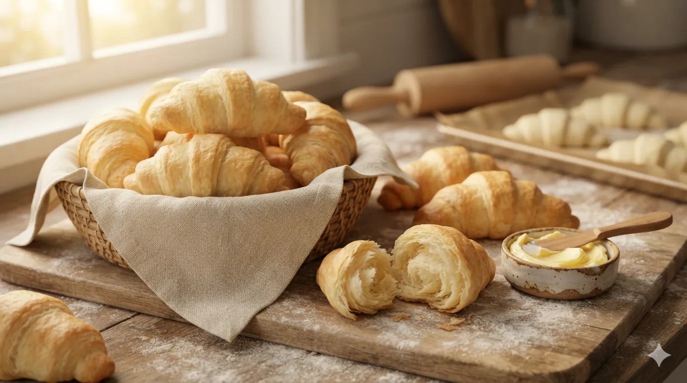 A basket of golden homemade croissants, with more rolled-up dough on a floured board