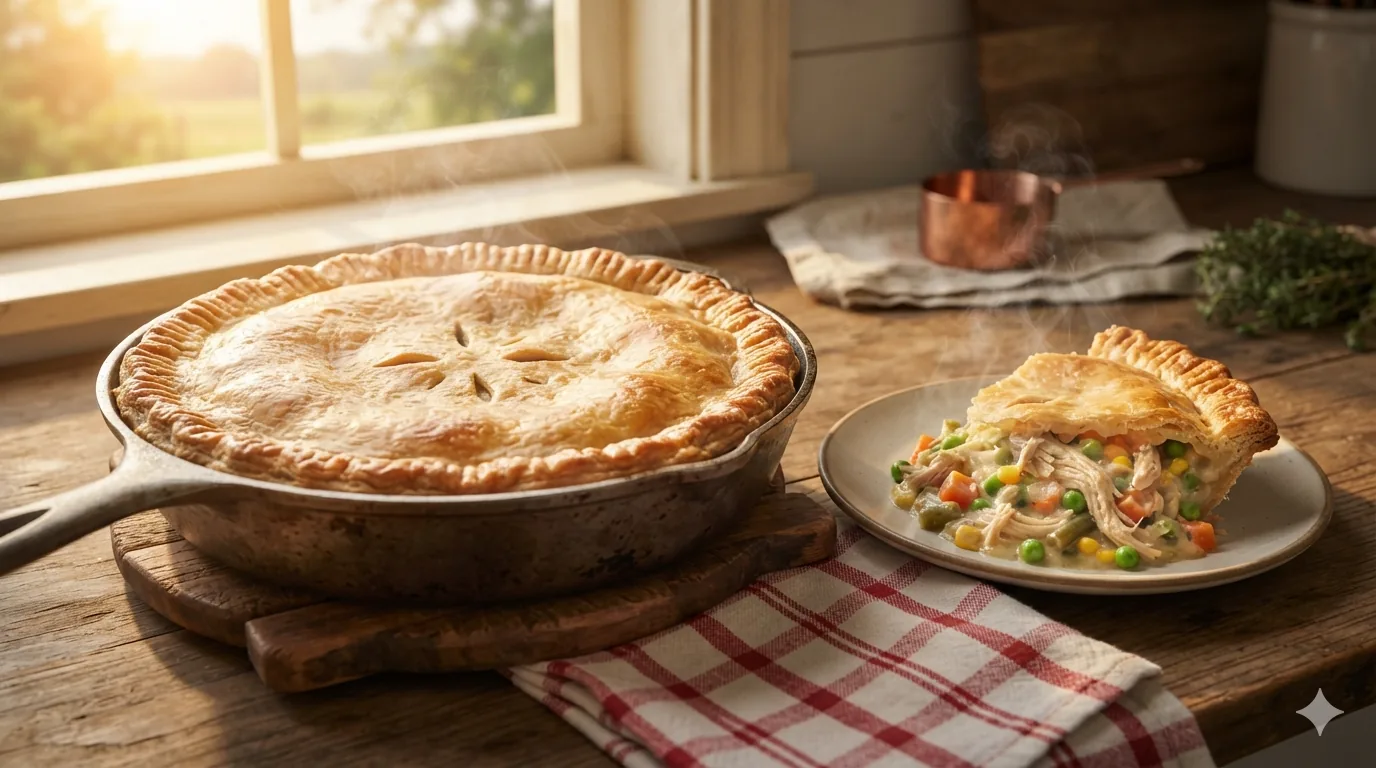 A golden chicken pot pie in a cast-iron skillet, with a slice on a plate showing the creamy filling