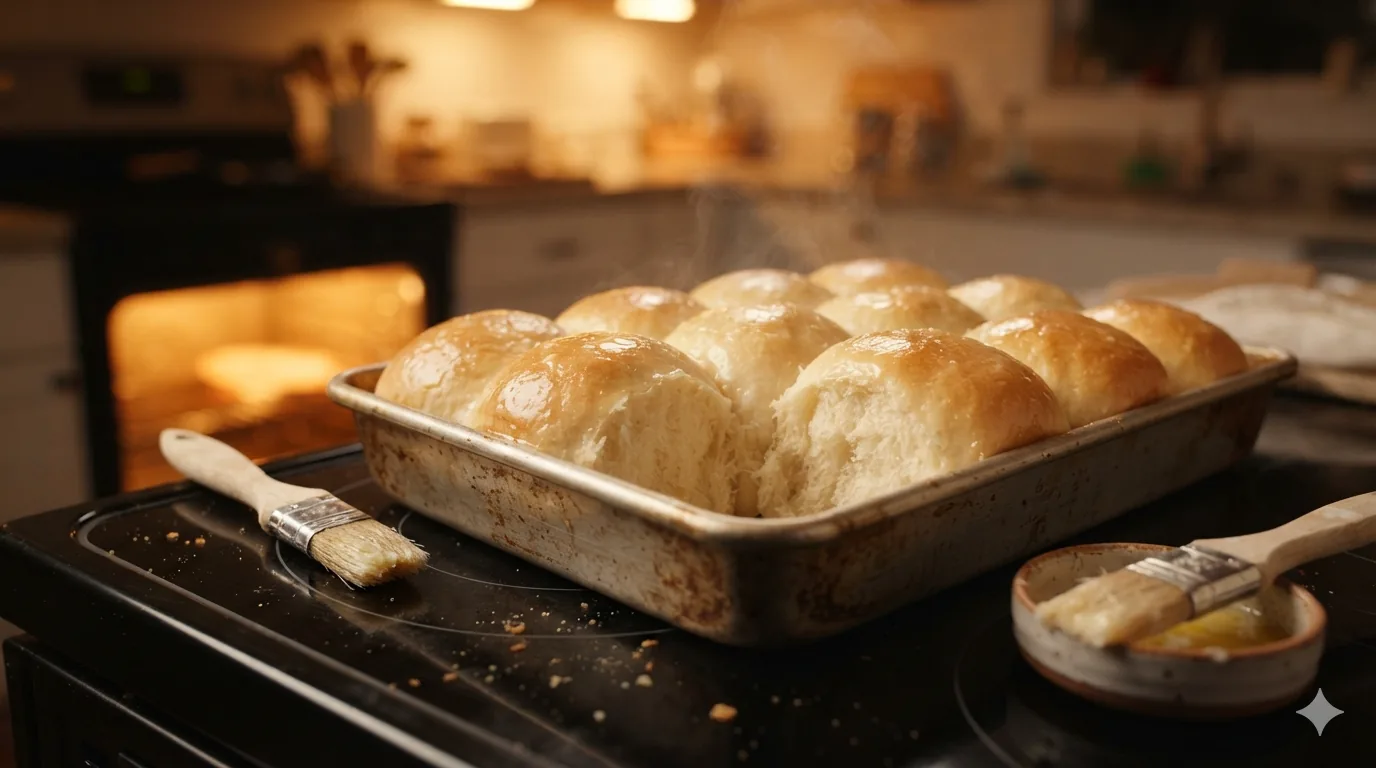 A pan of soft, golden homemade dinner rolls being brushed with butter