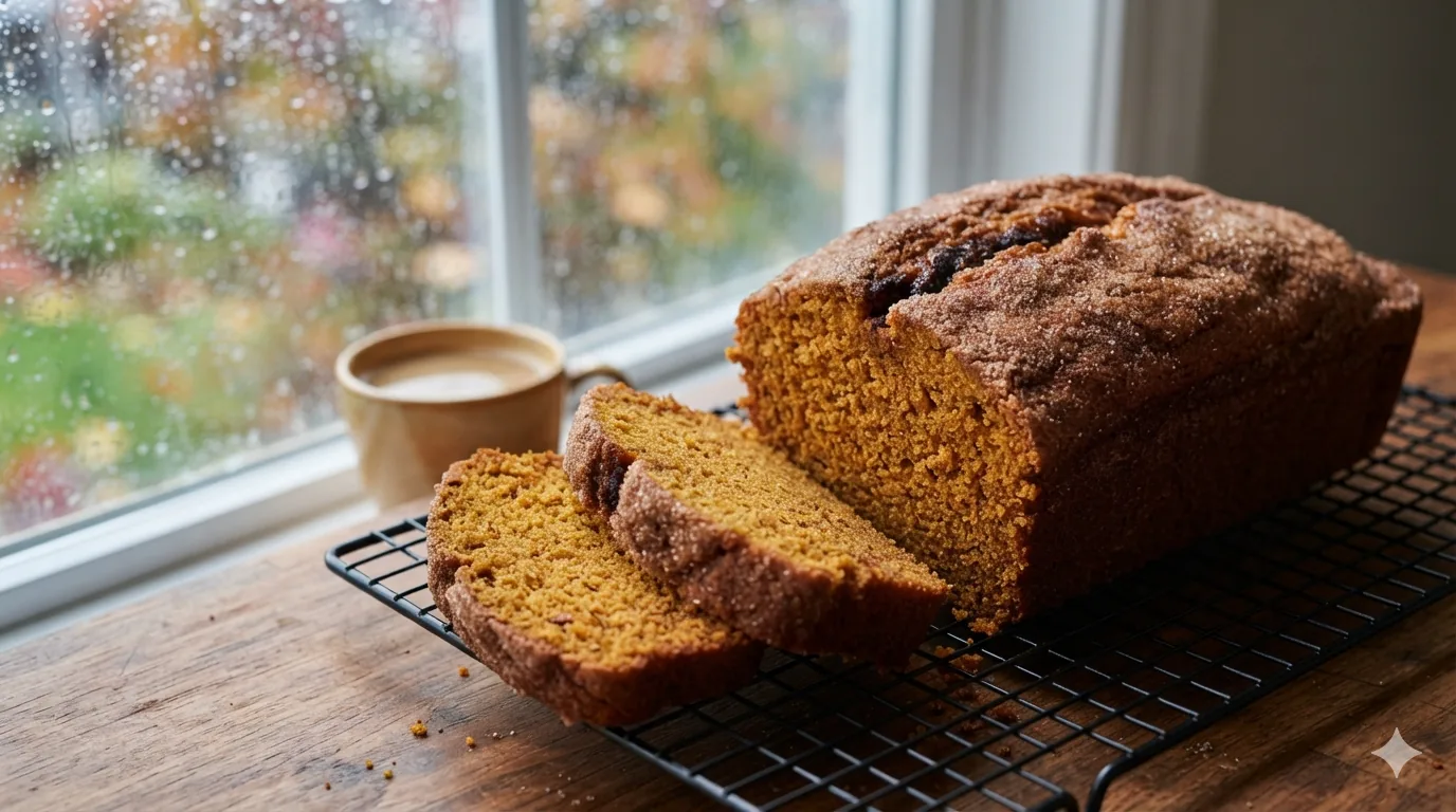 A loaf of pumpkin bread on a cooling rack with two slices cut