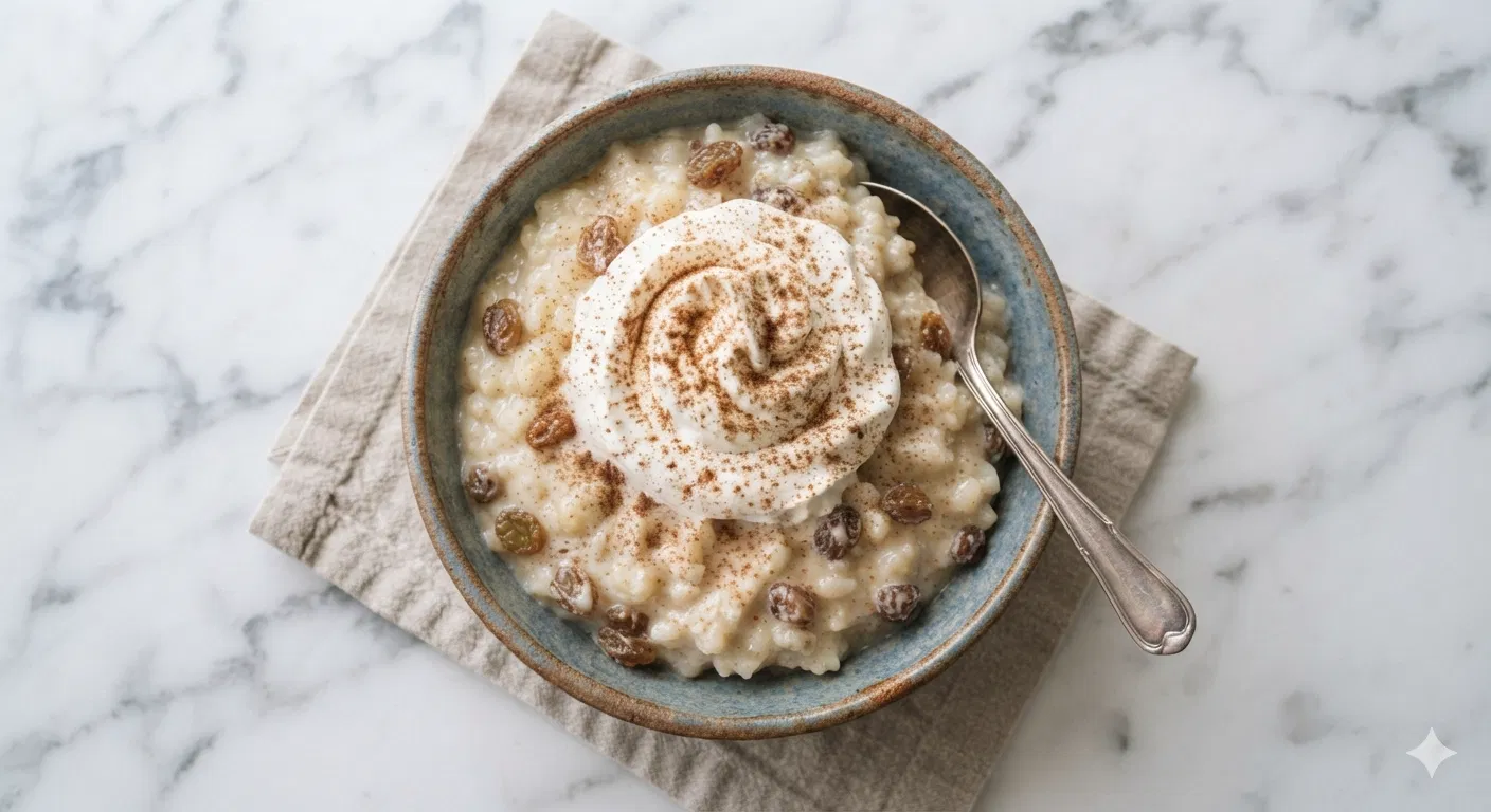 A bowl of rice pudding with raisins, topped with whipped cream and a dusting of cinnamon