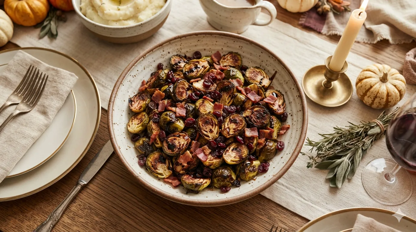 A bowl of roasted Brussels sprouts with crispy bacon and balsamic glaze