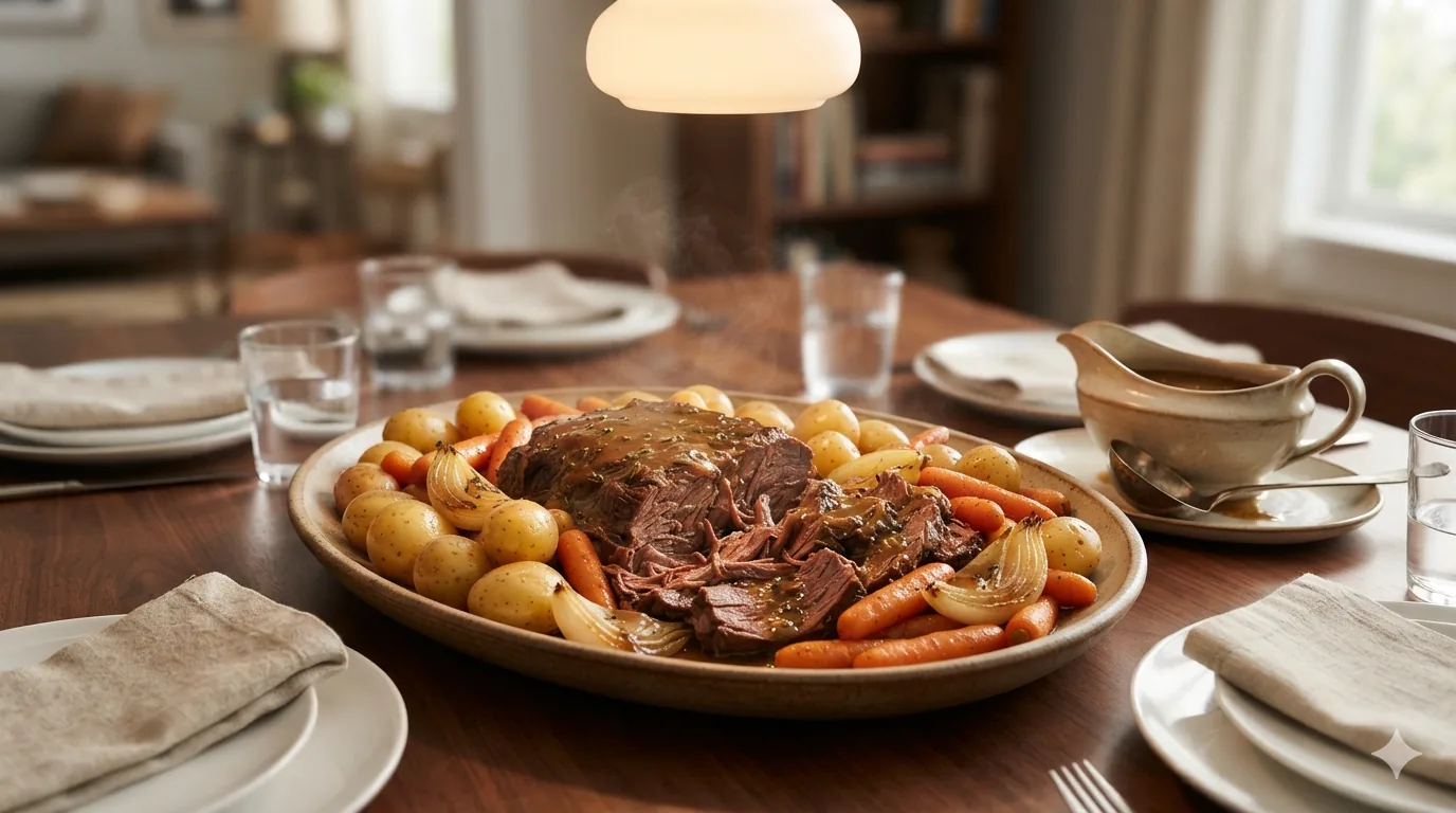 A platter of pot roast with potatoes and carrots, and a gravy boat on the side