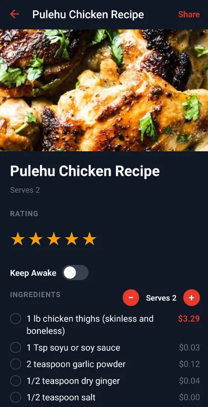 An imported Pulehu chicken recipe in Food Butler, with each ingredient listed alongside its estimated cost